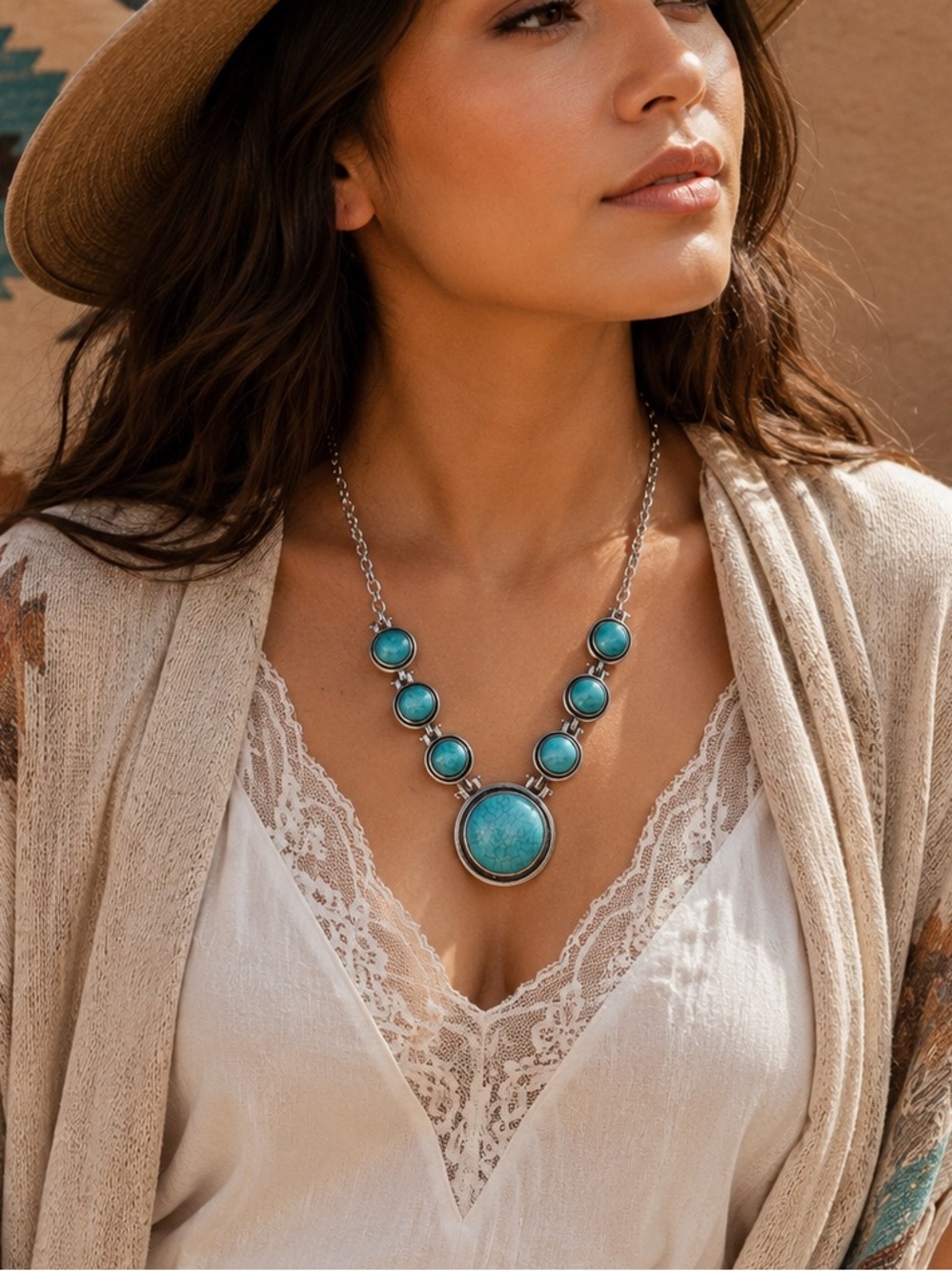 Southwestern Style Faux Turquoise Statement Necklace (BR1616/2ov)